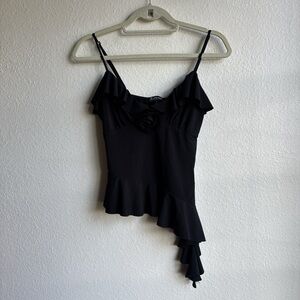 Vintage 90s Y2K Black Coquette Fairy Goth Rosette Ruffle Asymmetrical Top Size M